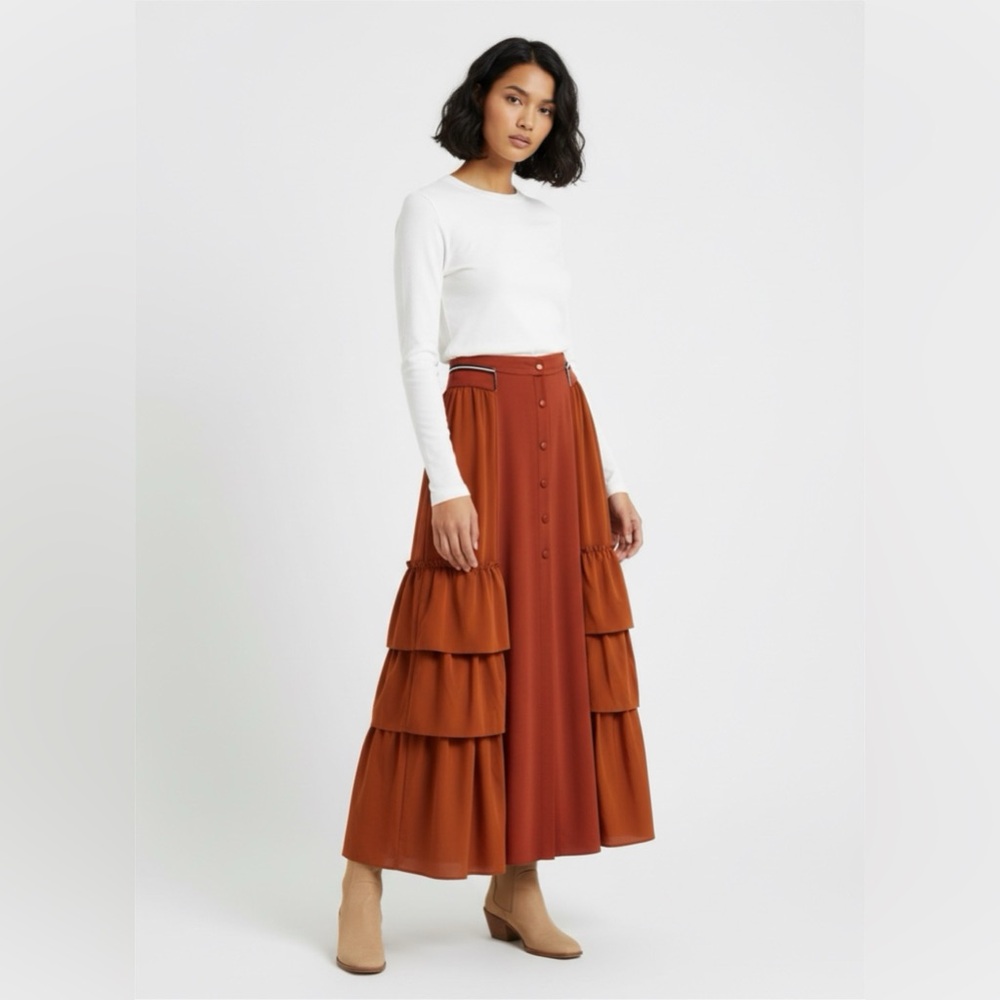 MISSLOOK Rust Tiered Maxi Skirt